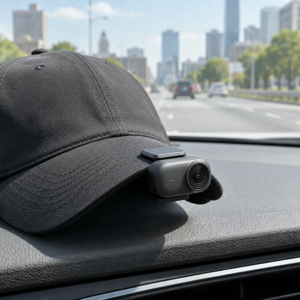 Cámara miniatura montada en la visera de una gorra sobre el tablero de un auto