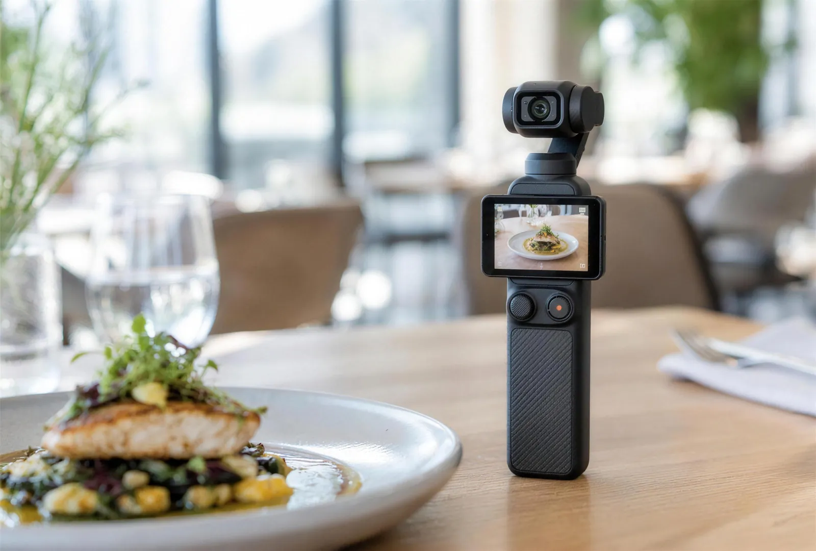 Cámara profesional con estabilizador grabando un platillo en un restaurante