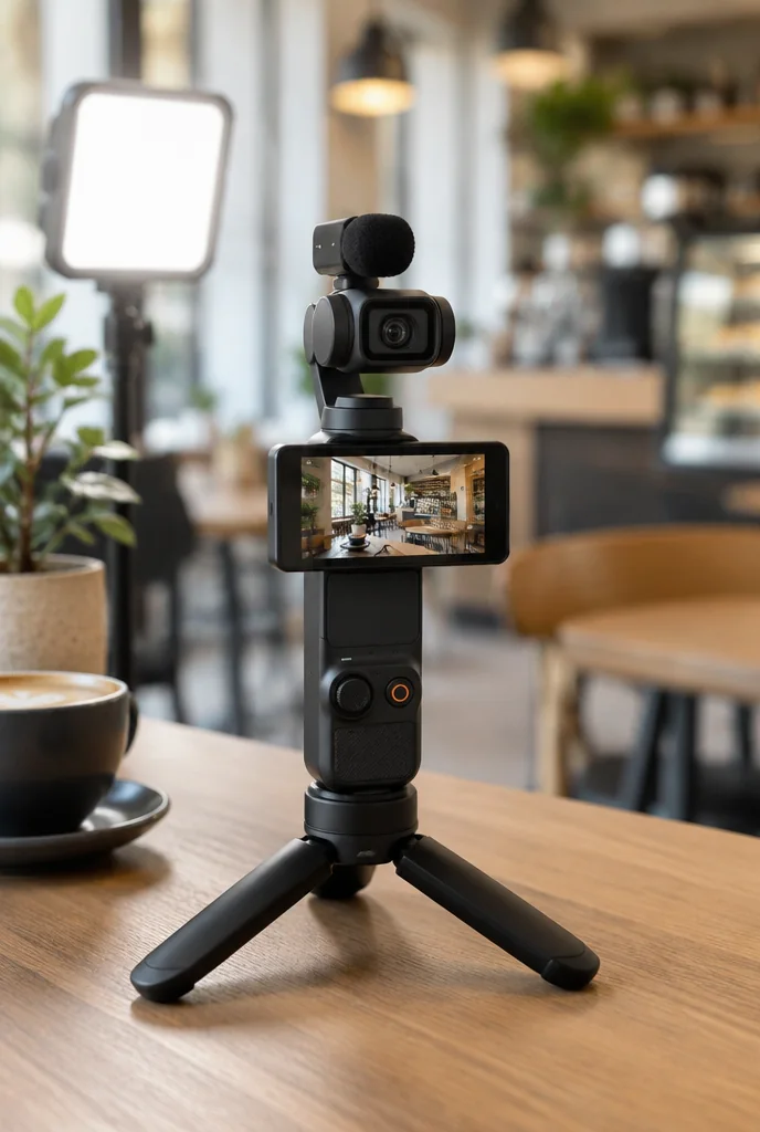 Cámara de gimbal en mini tripié grabando una cafetería
