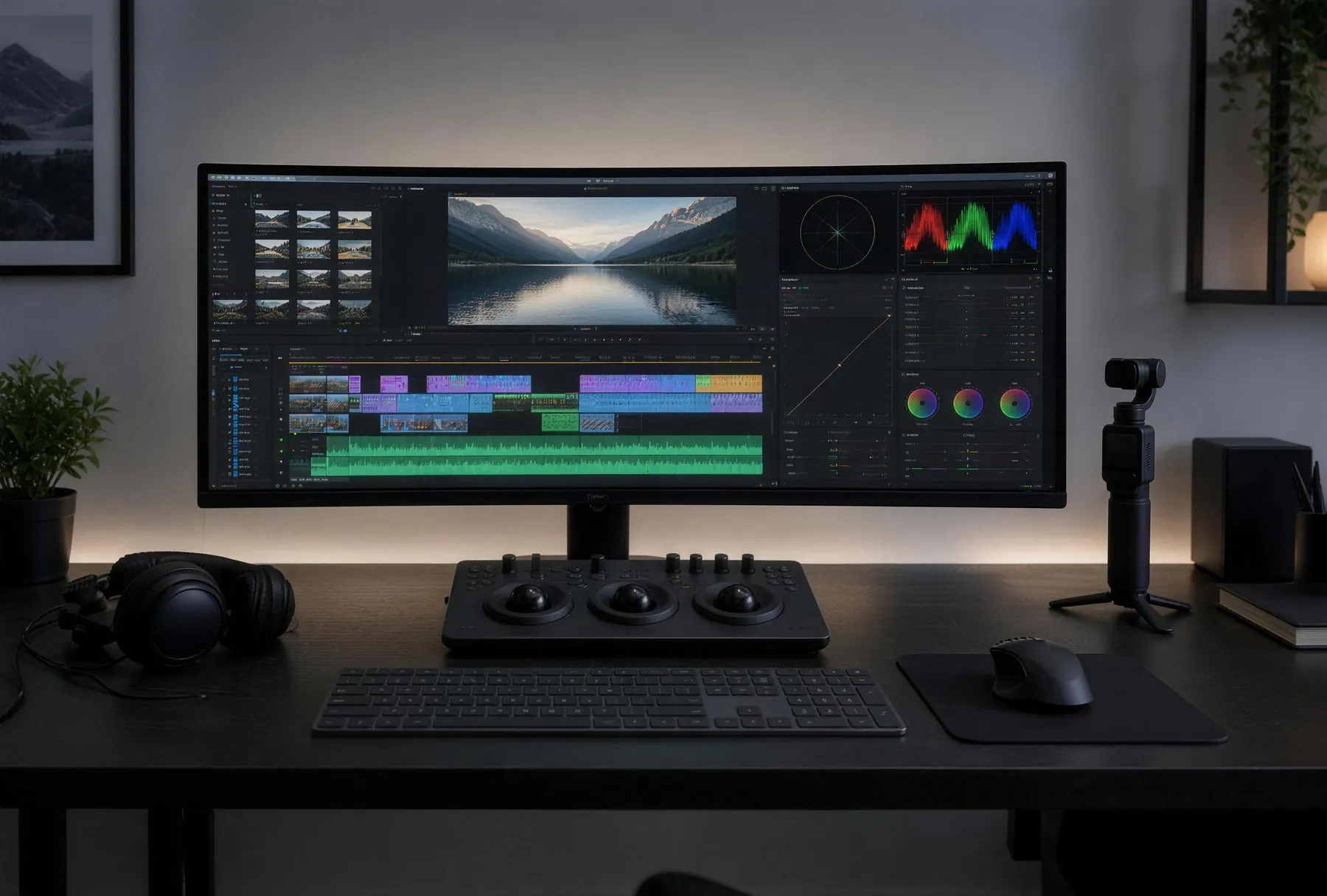 Estación de edición de video con línea de tiempo y panel de color