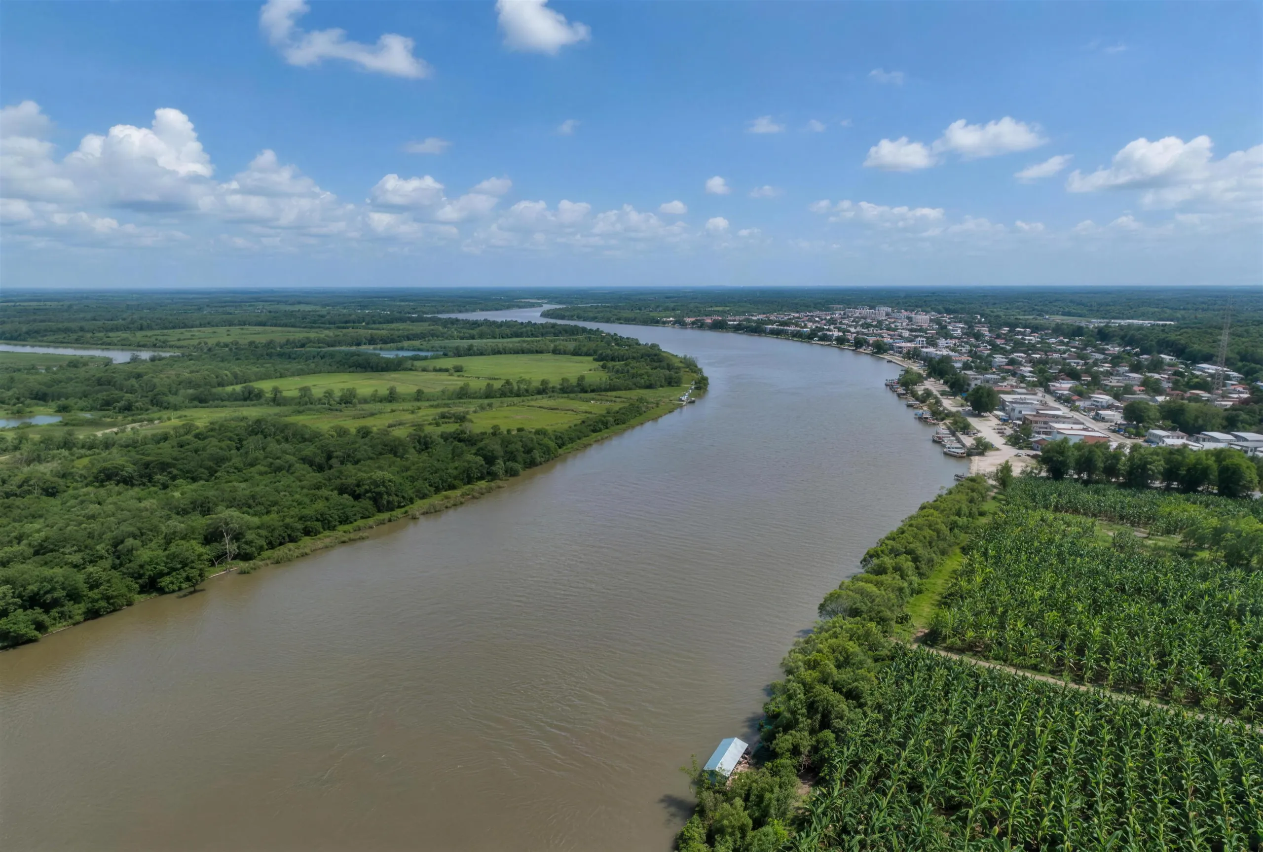 Toma aérea con dron de un río entre plantaciones y una ciudad