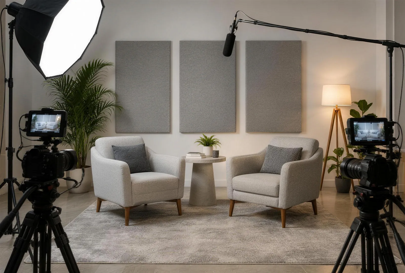 Set de entrevista con iluminación profesional y dos cámaras